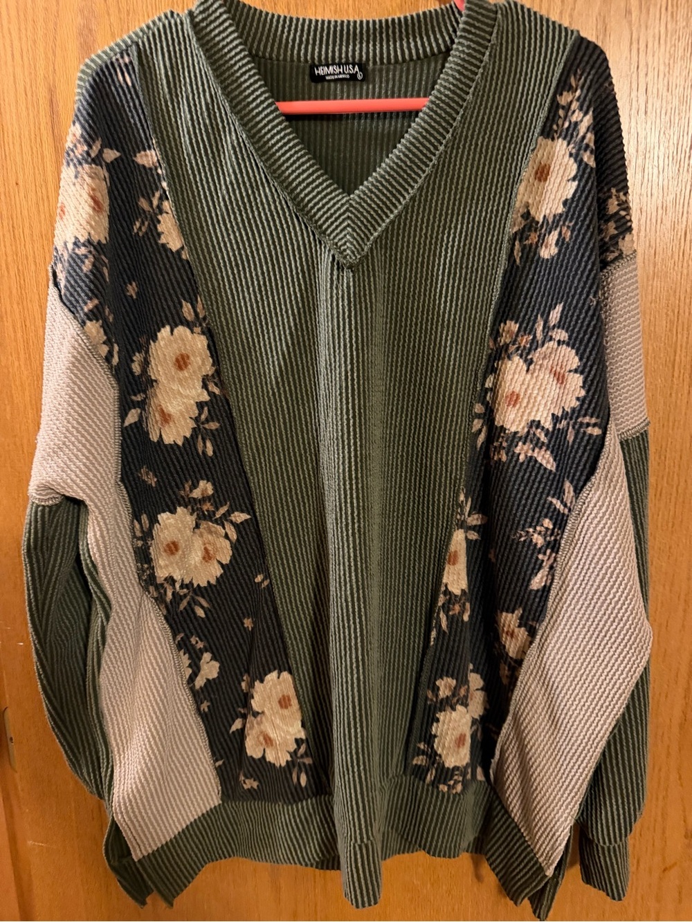 HEIMISH USA Olive Green Floral Patchwork V-Neck Sweater with Cream Panels